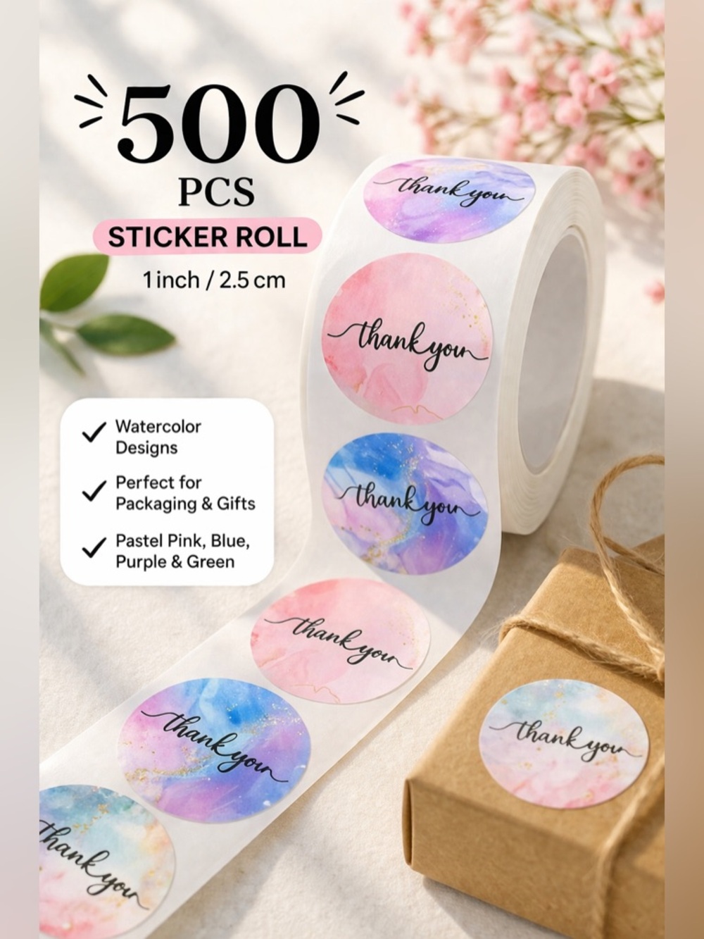 Watercolor Thank You Sticker Roll 500pcs Pastel Packaging Labels
